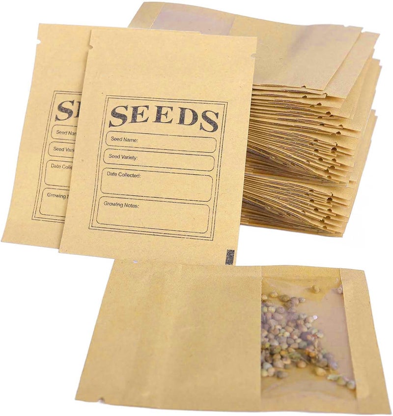 MITOB 100 Pack Clear Window Small Resealable Seeds Packets Coin Envelopes 2.75x3.74 inch Brown Kraft Paper Sample Bag with Preprinted Seed Collecting Template for Seed Storage Organizer - Image 4